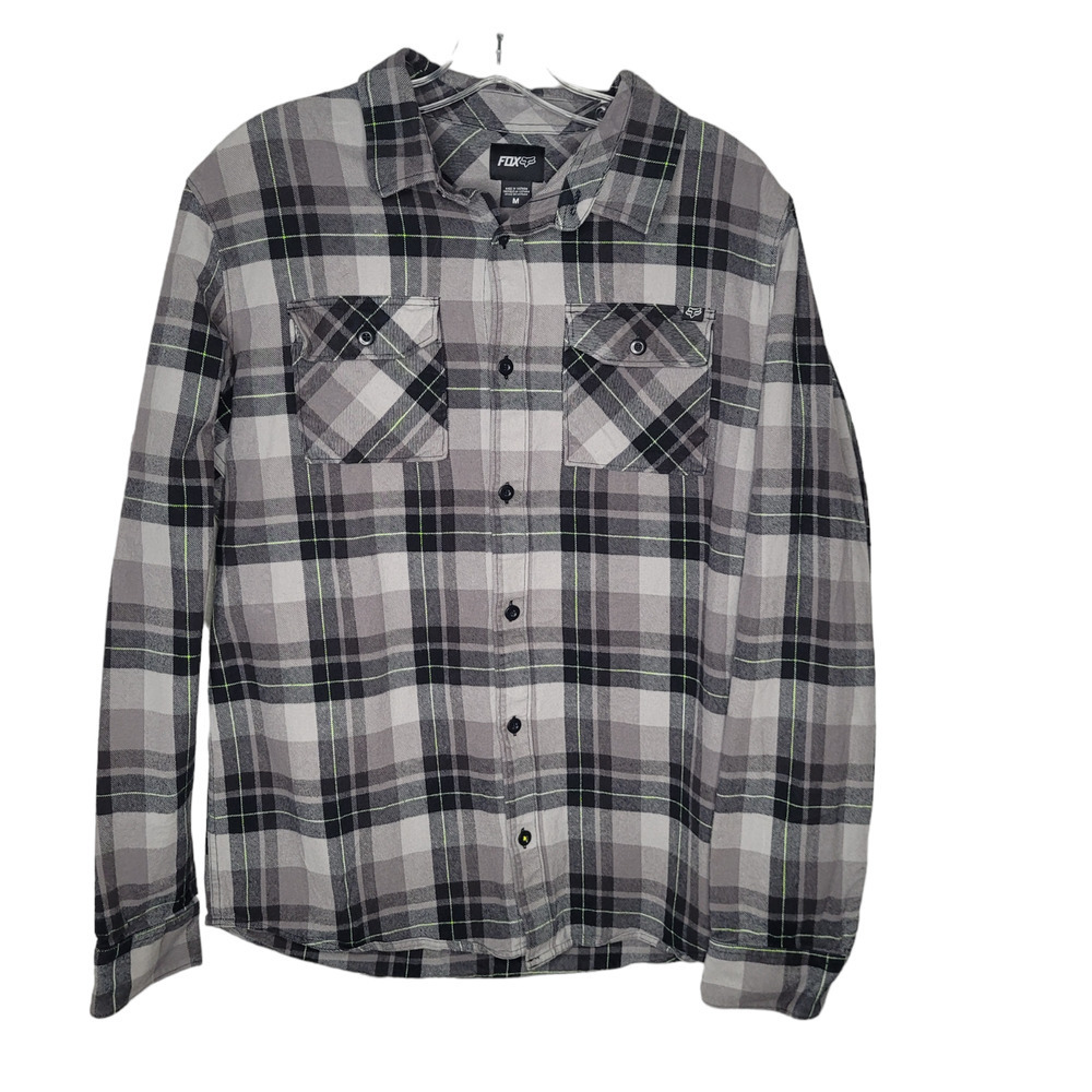Fox Racing Mens Med Long Sleeve Button Down Flannel Shirt gray white black Plaid